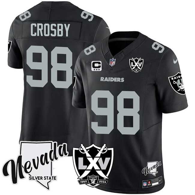 Men & Women & Youth Las Vegas Raiders #98 Maxx Crosby Black 2024 F.U.S.E With Nevada Silver Stat Patch And 65th Anniversary Patch 3-Star C Patch Stitched Jersey